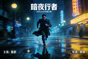 电影《暗夜行者》海报，主角在雨夜街道奔跑的紧张场景