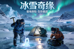 电影《冰雪奇缘》海报，极地风光与探险队员的生存故事